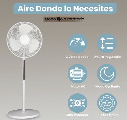 Ventilador de pie de 3 velocidades | Regulable hasta 119 cm