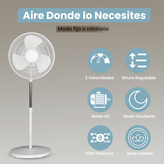Ventilador de pie de 3 velocidades | Regulable hasta 119 cm