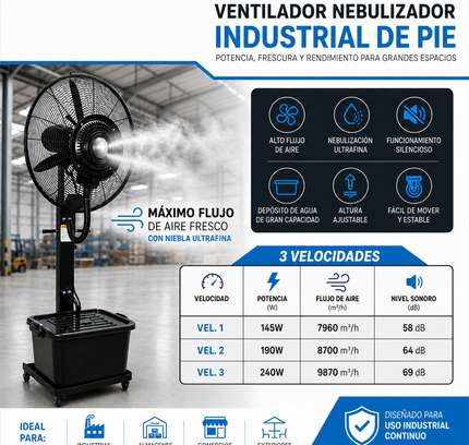 Ventilador de Pie Industrial 170 cm con Nebulizador y Depósito de Agua 42 L