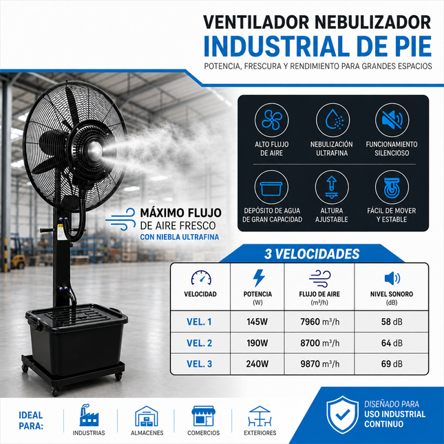 Ventilador de Pie Industrial 170 cm con Nebulizador y Depósito de Agua 42 L