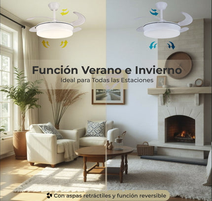 Ventilador de Techo LED 30W, Silencioso, 4 Aspas, Verano/Invierno