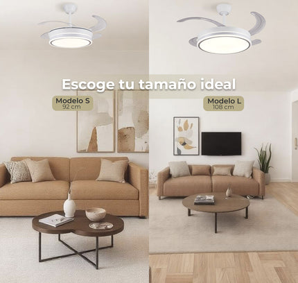 Ventilador de Techo LED 30W, Silencioso, Aspas Retráctiles, 3 Tonos, Temporizador