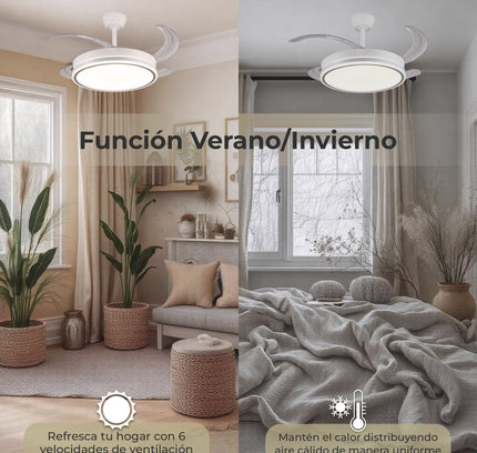 Ventilador de Techo LED 30W, Silencioso, Aspas Retráctiles, 3 Tonos, Temporizador