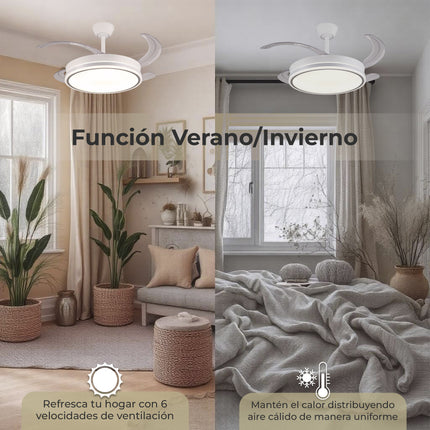 Ventilador de Techo LED 30W, Silencioso, Aspas Retráctiles, 3 Tonos, Temporizador