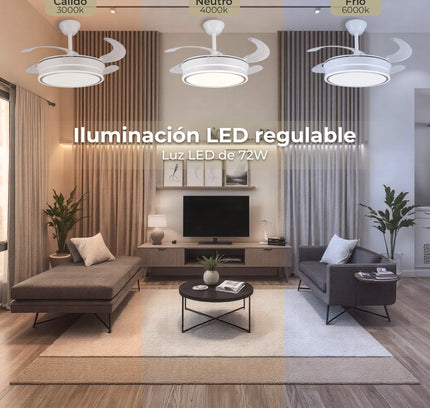 Ventilador de Techo LED 30W, Silencioso, Aspas Retráctiles, 3 Tonos, Temporizador