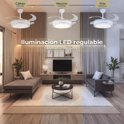 Ventilador de Techo LED 30W, Silencioso, Aspas Retráctiles, 3 Tonos, Temporizador