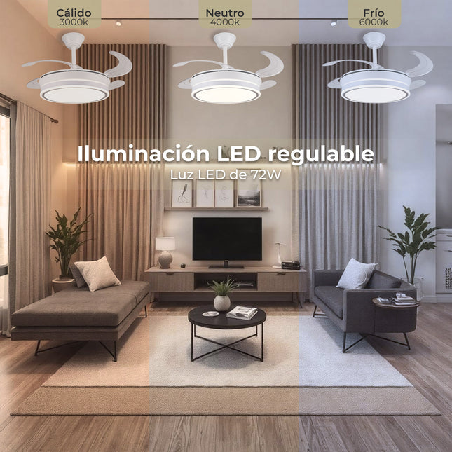 Ventilador de Techo LED 30W, Silencioso, Aspas Retráctiles, 3 Tonos, Temporizador