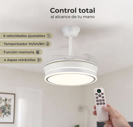 Ventilador de Techo LED 30W, Silencioso, Aspas Retráctiles, 3 Tonos, Temporizador