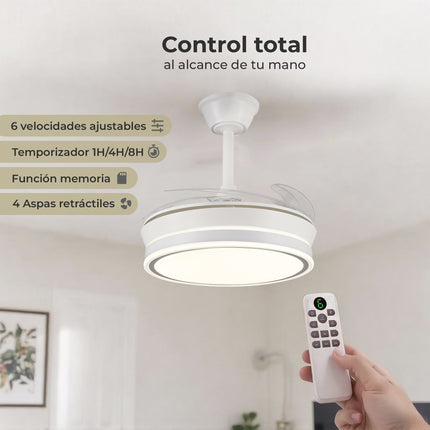 Ventilador de Techo LED 30W, Silencioso, Aspas Retráctiles, 3 Tonos, Temporizador