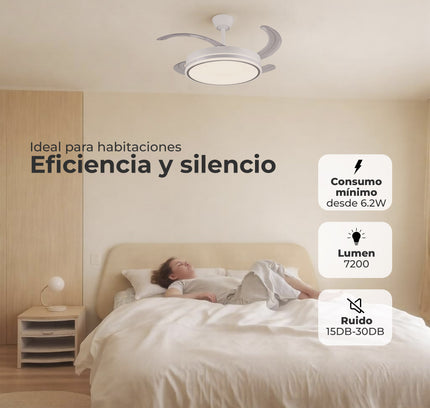 Ventilador de Techo LED 30W, Silencioso, Aspas Retráctiles, 3 Tonos, Temporizador