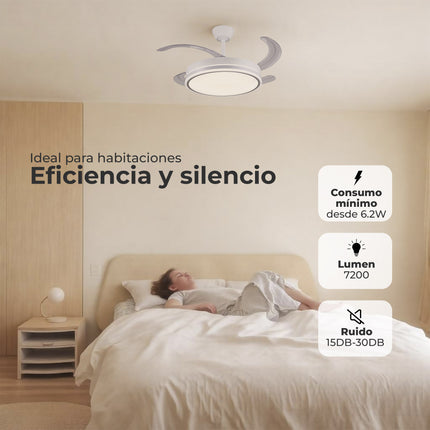 Ventilador de Techo LED 30W, Silencioso, Aspas Retráctiles, 3 Tonos, Temporizador