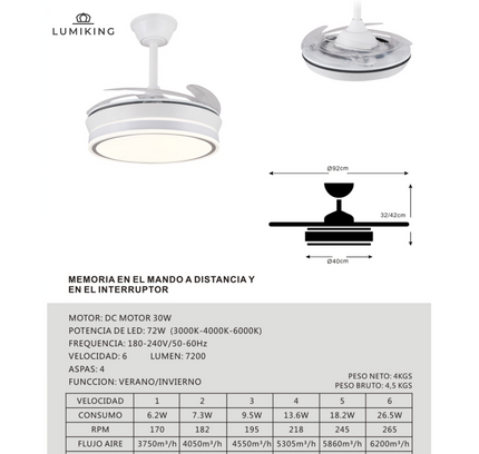 Ventilador de Techo LED 30W, Silencioso, Aspas Retráctiles, 3 Tonos, Temporizador