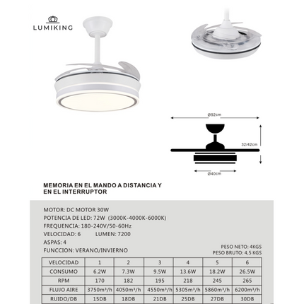 Ventilador de Techo LED 30W, Silencioso, Aspas Retráctiles, 3 Tonos, Temporizador