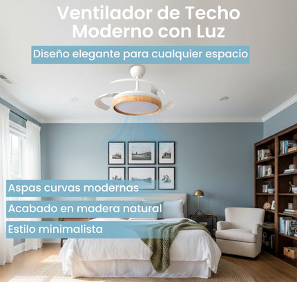 Ventilador de techo retráctil de 106 cm en madera con aspas curvas de diseño minimalista