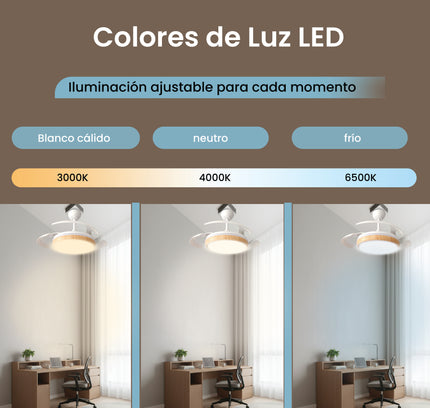 Ventilador de techo retráctil de 106 cm en madera con control por app y mando a distancia