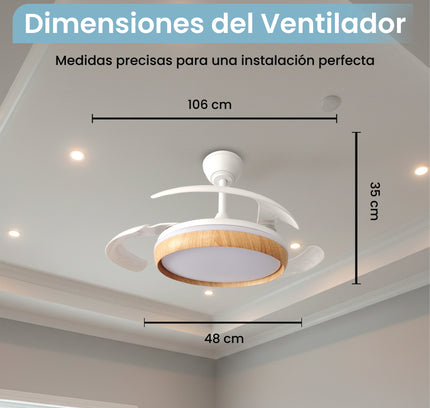 Ventilador de techo retráctil de 106 cm en madera con función verano/invierno