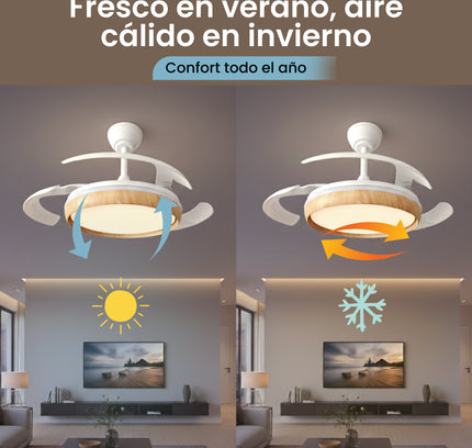 Ventilador de techo retráctil de 106 cm en madera con luz LED regulable de 3000 a 6500 K